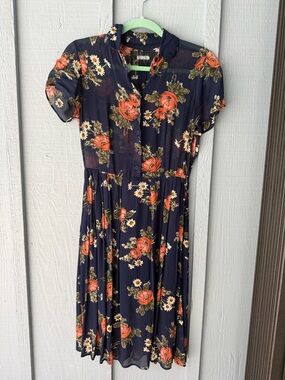 Reformation Navy Midi Dress with Orange Rose & Cream Daisies
